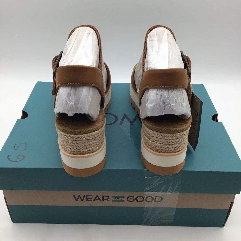 TOMS Diana Tan Leather Platform Wedge Sandals 10019757 Womens Size 9.5 NEW